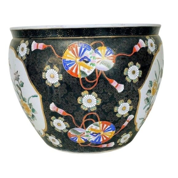 Ceramic Chinese Chinoiserie Fishbowl Floral Bird Motif Vintage Bowl Planter - Picture 2 of 9